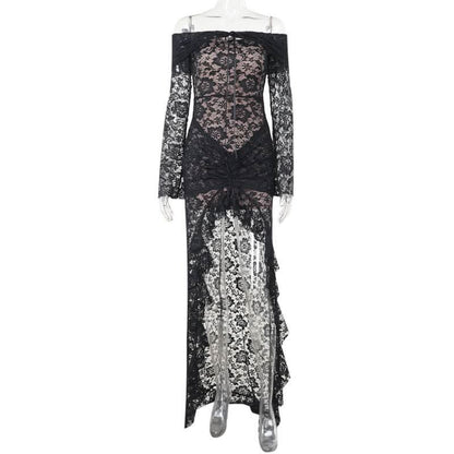 Off shoulder long sleeve lace ruched maxi dress