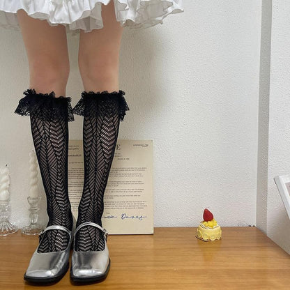 Sheer lace ruffle solid thigh high socks