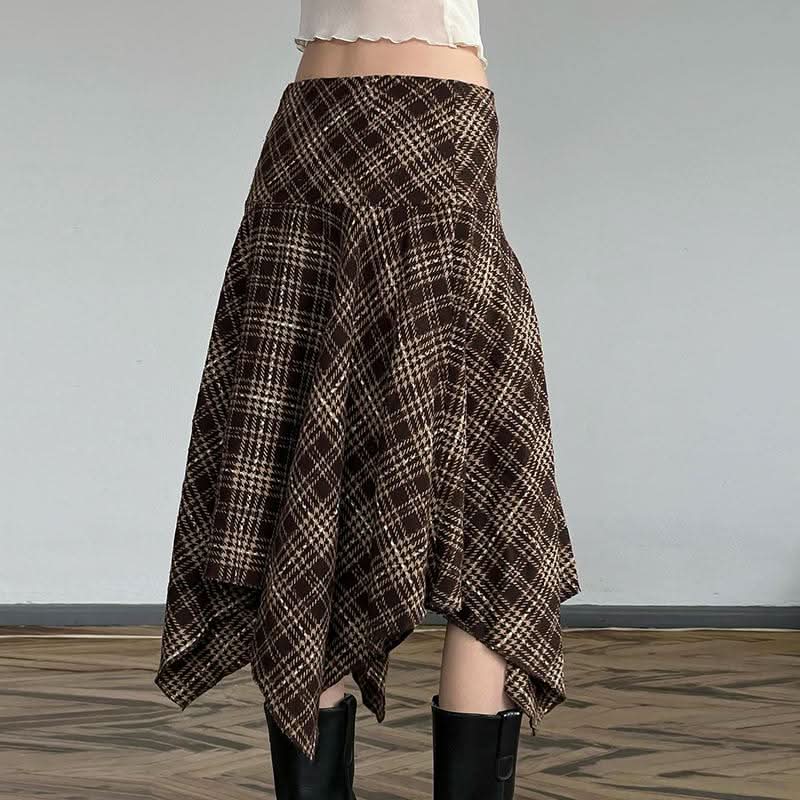 Plaid irregular zip-up contrast midi skirt