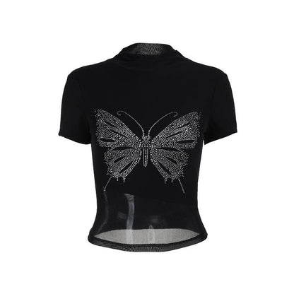 Short sleeve high neck butterfly beaded top
