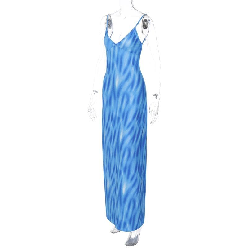 V Neck Spaghetti Strap Abstract Swirl Print Bodycon Maxi Dress