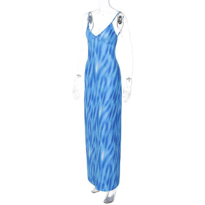 V Neck Spaghetti Strap Abstract Swirl Print Bodycon Maxi Dress