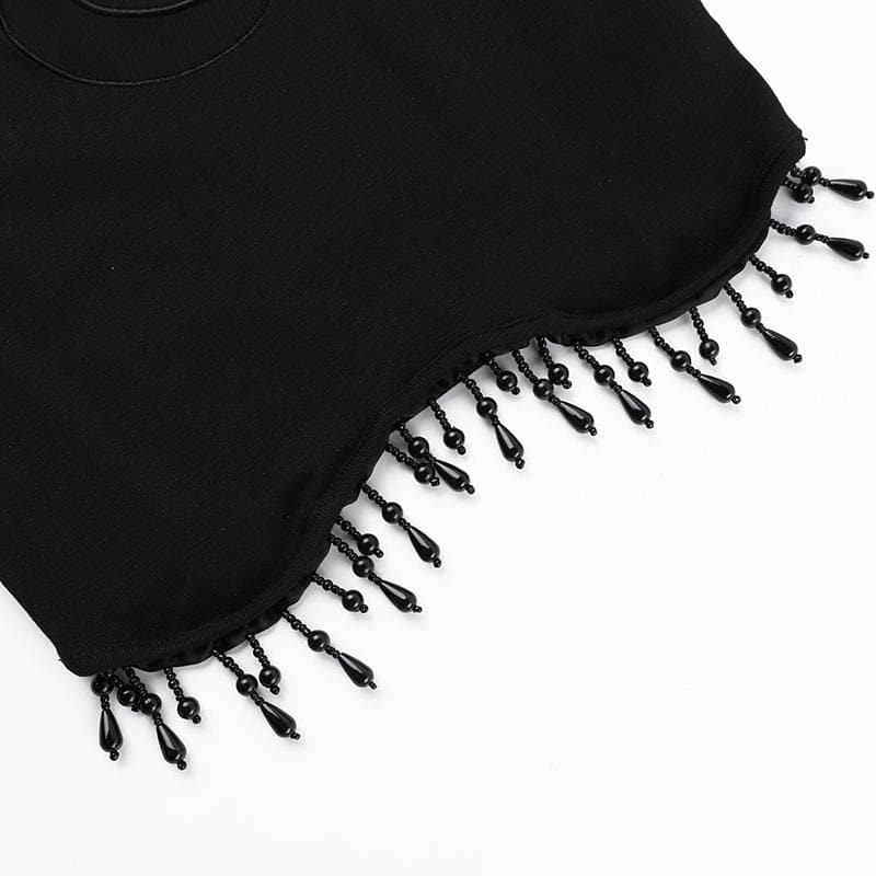 Sleeveless high neck moon pattern beaded crop top