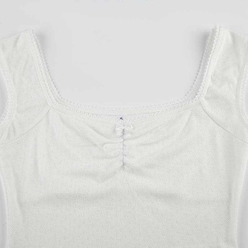 Cap sleeve ribbed bowknot textured lace hem top