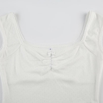 Cap sleeve ribbed bowknot textured lace hem top
