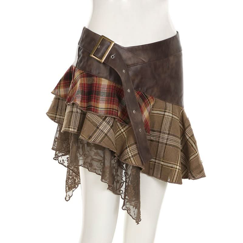 PU leather plaid patchwork belt lace hem mini skirt