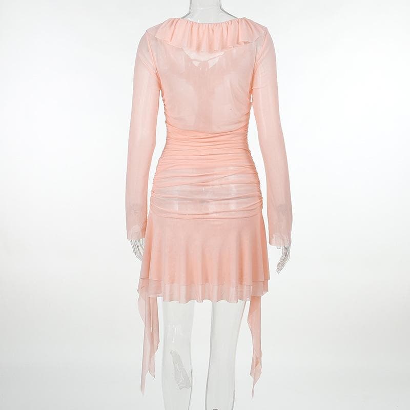 Ruffle solid self tie ruched long sleeve mesh mini dress
