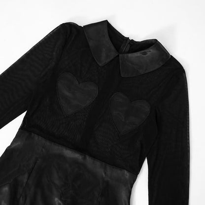 Turnover collar long sleeve sweetheart pattern mesh maxi dress