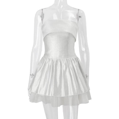 Off shoulder glitter mesh ruffle mini dress