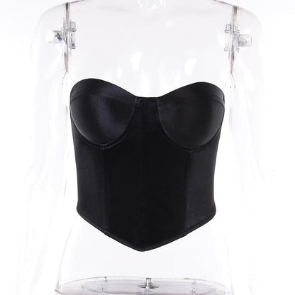 Satin sweetheart neck smocked solid backless tube crop top