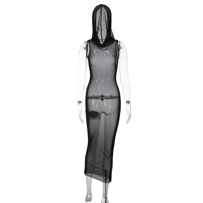 Sheer Mesh Mock Neck Sleeveless Bodycon Maxi Dress