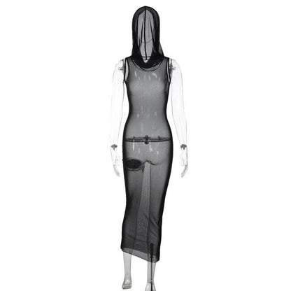Sheer Mesh Mock Neck Sleeveless Bodycon Maxi Dress