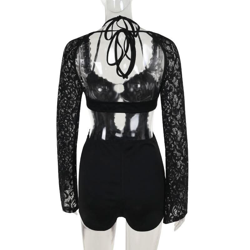 Long sleeve halter self tie lace hollow out romper