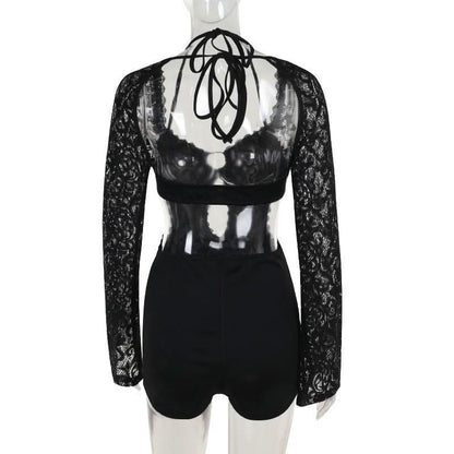 Long sleeve halter self tie lace hollow out romper