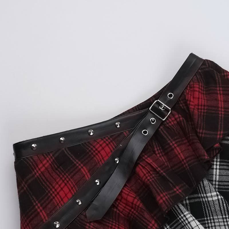 Plaid irregular buckle ruffle lace hem patchwork mini skirt