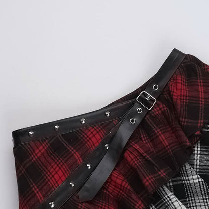 Plaid irregular buckle ruffle lace hem patchwork mini skirt