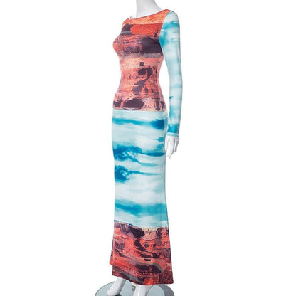 Long sleeve abstract crewneck contrast maxi dress