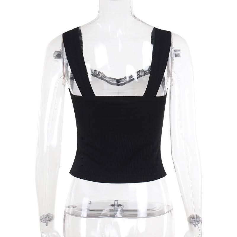 Bowknot v neck lace hem ribbed tank top