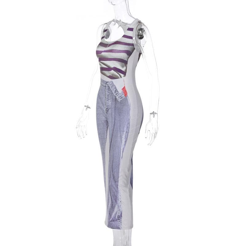 Tank Print Trompe Loeil Denim Graphic Bodycon Maxi Dress