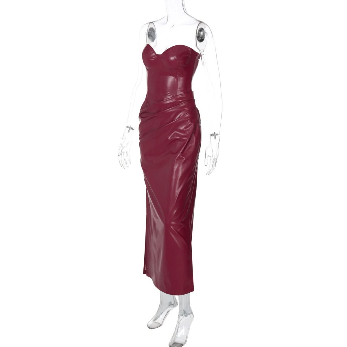 Slit zip-up PU leather pleated tube midi dress