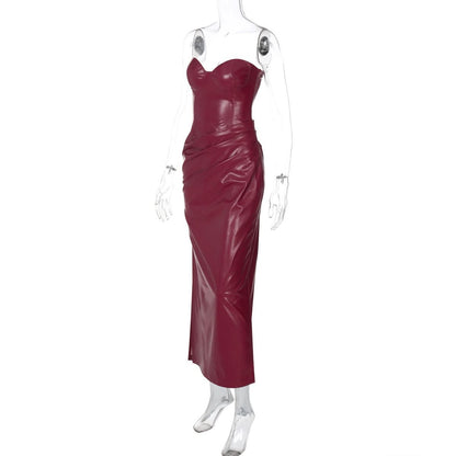 Slit zip-up PU leather pleated tube midi dress
