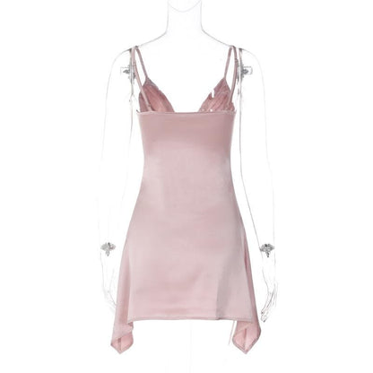 Ruched Bust Deep V Neck Spaghetti Strap Backless Mini Dress