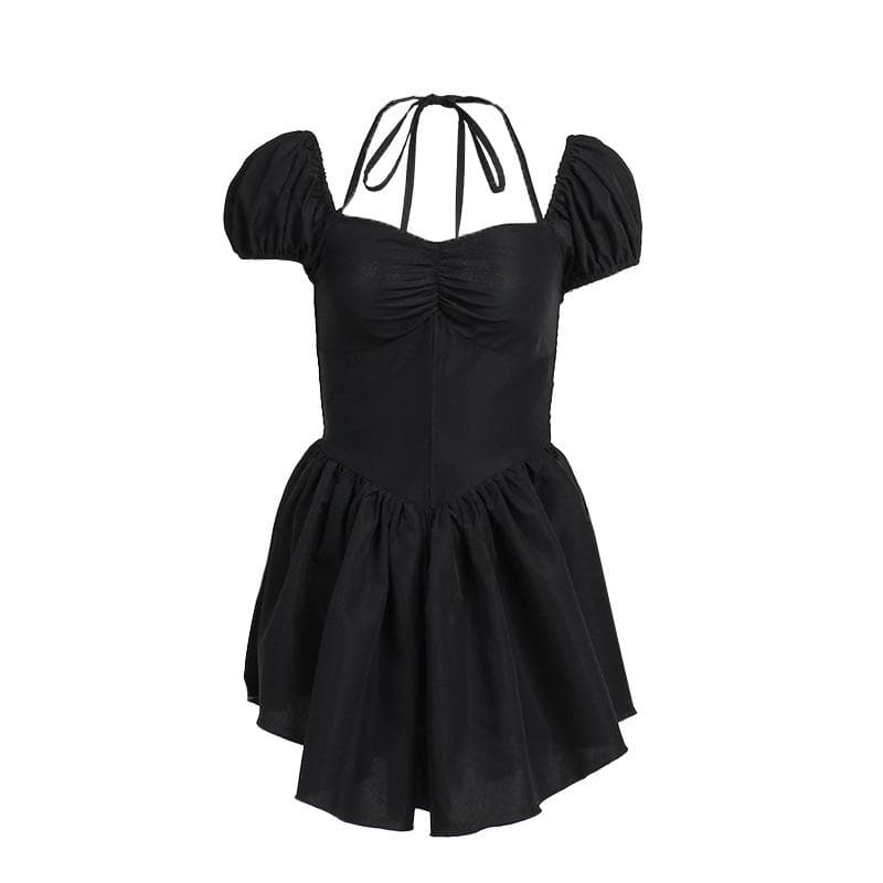 Short puff sleeve sweetheart neck ruched halter smocked mini dress