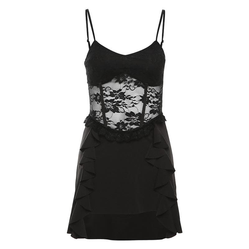 V neck ruffle lace patchwork cami mini dress