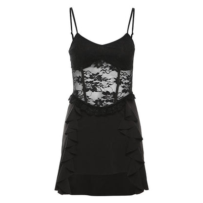 V neck ruffle lace patchwork cami mini dress