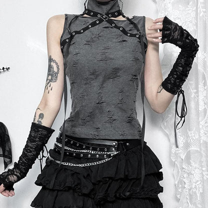 Sleeveless high neck buckle patchwork top