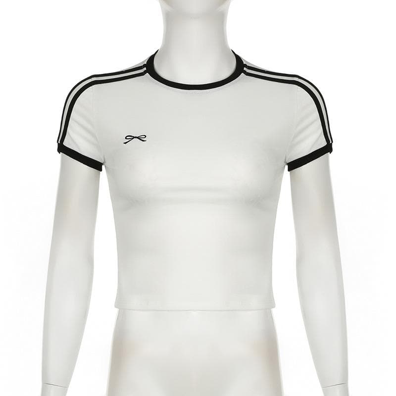 Short sleeve bowknot embroidery stitch top