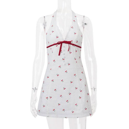 Halter v neck cherry print bowknot mini dress