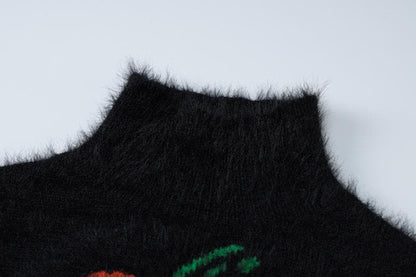 Long sleeve high neck fluffy pumpkin pattern contrast top