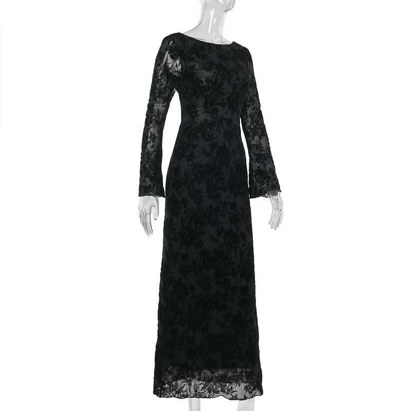 Round neck long sleeve self tie flower print maxi dress