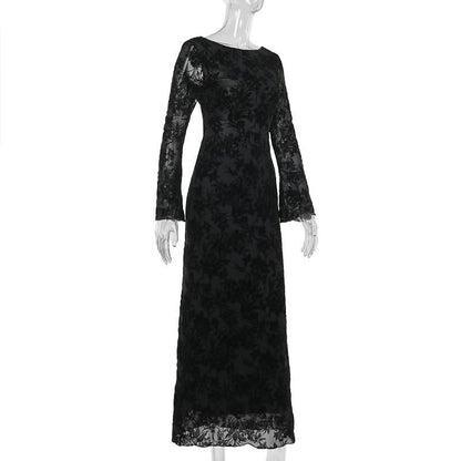 Round neck long sleeve self tie flower print maxi dress