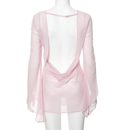 Cowl neck long sleeve backless chiffon mini dress