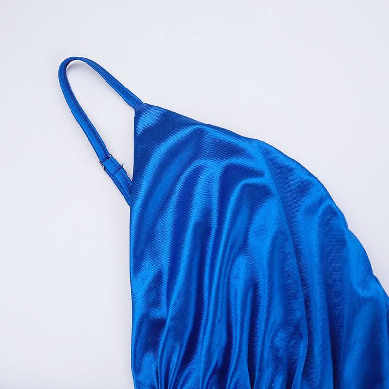 V neck ruched slit zip-up cami maxi dress