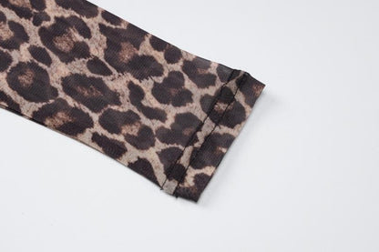 Long sleeve leopard print crewneck sheer mesh maxi dress