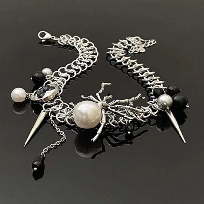 Faux pearl spider decor rivet choker necklace