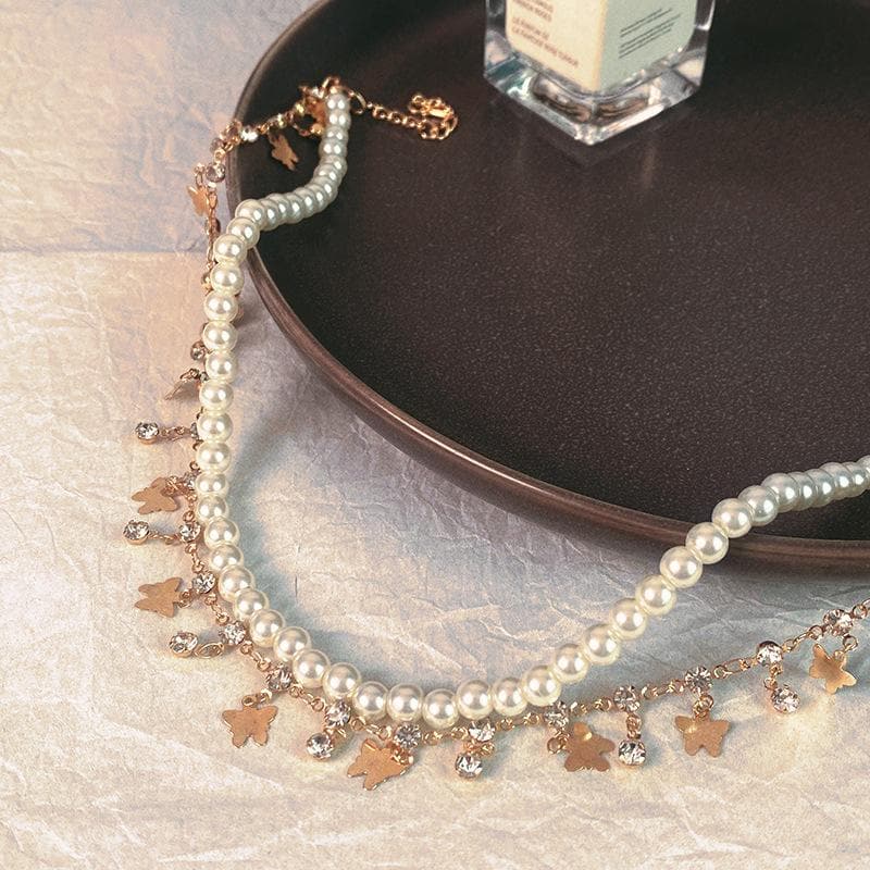 Faux pearl layered tassels choker necklace