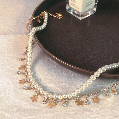 Faux pearl layered tassels choker necklace