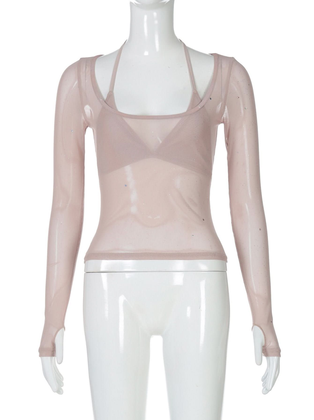 Halter v neck long sleeve mesh 2 piece top