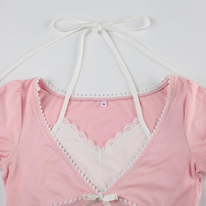 Halter short sleeve bowknot ruffle top