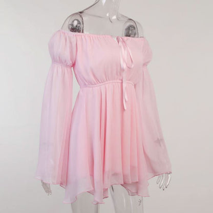 Off shoulder long flared self tie mini dress