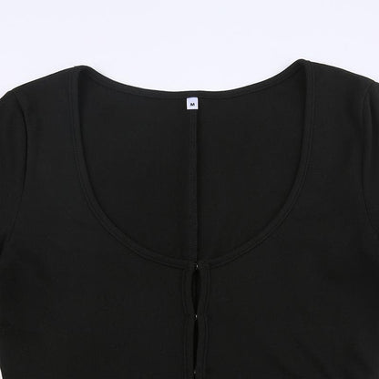 Long sleeve solid button u neck hollow out romper