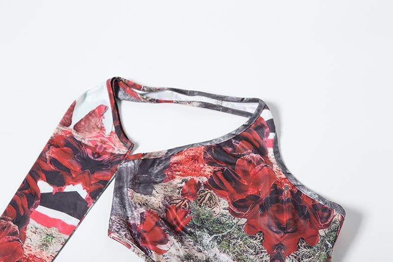 Irregular print contrast drawstring ruched high slit hollow out cut out maxi dress