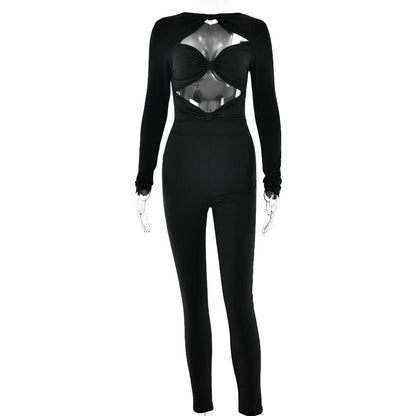 Long sleeve hollow out ruched solid jumpsuit