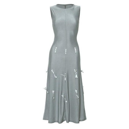 Sleeve bowknot solid midi 2-way dress
