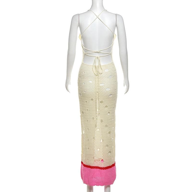 V neck knitted hollow out lace up cut out maxi dress-final-sale