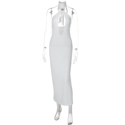 Self tie halter hollow out backless cut out midi dress